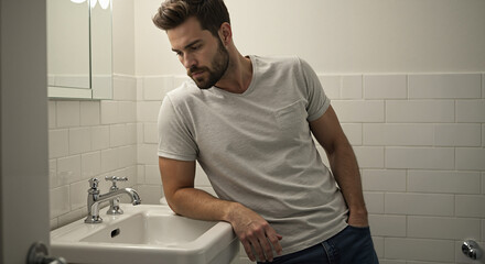 Man leaning on bathroom sink while looking thoughtful in restroom  