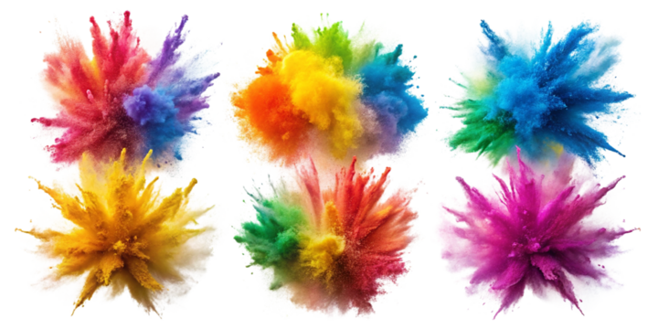 Six colorful powder explosions isolated on transparent background