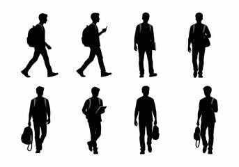 Silhouette students with backpacks walking standing set