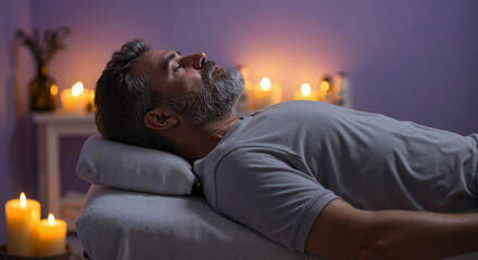 Mature man relaxing on massage table in calming aromatherapy room  