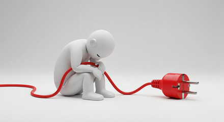 Symbolic figure sitting on ground with red power cord and plug