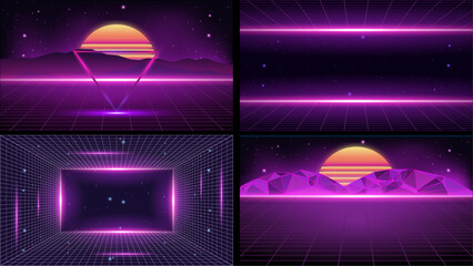 Colorful, funky retro 80s and 90s background bundle design. Bold colorful vaporwave and synthwave designs with grid, and metallic cyberpunk style.