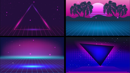 Retro 80s and 90s neon synthwave background bundle design. Vintage vaporwave aesthetic background design with futuristic grid, chrome, and laser effects. 