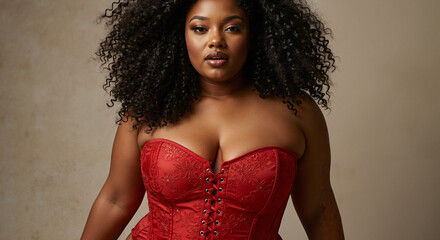 Plus size woman posing confidently in red corset against neutral backdrop  
