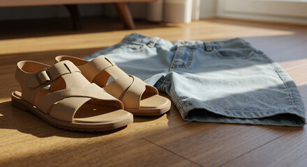 Casual shorts and sandals laid out on wooden floor in sunlight  