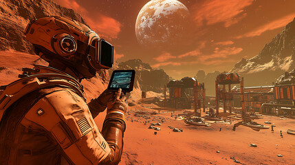 Astronaut on Mars-like Planet Using a Device with a Large Moon in the Sky