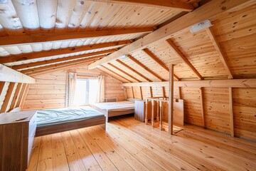 Cozy attic room with wooden walls and ceiling. Two beds and a dresser are visible. A window lets in...