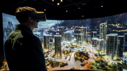 Person using VR headset to view a futuristic cityscape projection