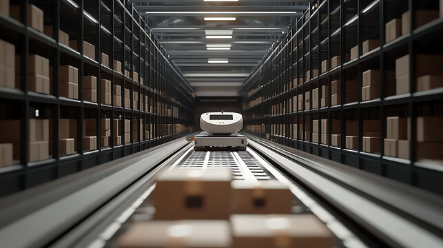 Automated Robot in a Modern Warehouse Aisle