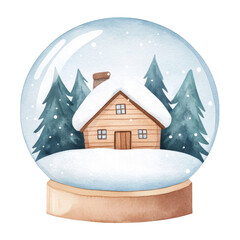 Naklejka premium Charming snow globe featuring cozy wooden house surrounded by evergreen trees and falling