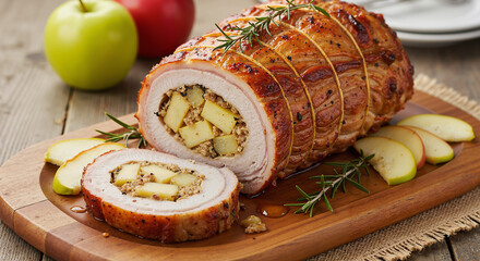 Stuffed pork loin with apples on wooden cutting board