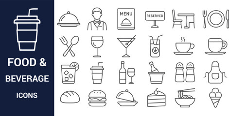 Food and Beverage Icons Restaurant, Cafe, and Drink Line Art Graphics