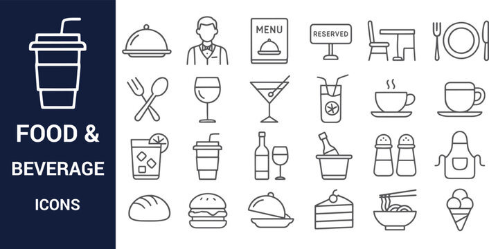 Food and Beverage Icons Restaurant, Cafe, and Drink Line Art Graphics