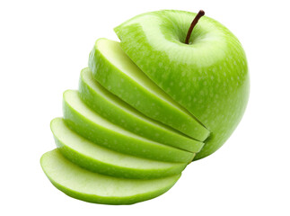 Green apple sliced into thin segments isolated on black background, Isolated On Transparent Background