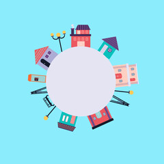 Circle frame of houses, lamp brench and pole