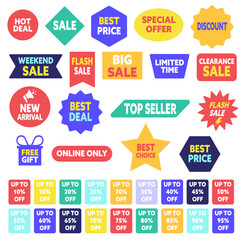 Colorful sale and discount labels for promotional use in marketing.