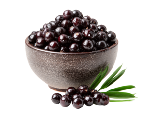 Fresh acai berries in a bowl with green leaves, Isolated On Transparent Background