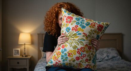 Young woman hiding face behind colorful pillow in cozy bedroom  