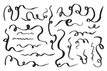 Decorative ornament of graceful curved lines, patterned ribbons for decorating holiday cards, websites, banners, books. Handmade brush strokes for frames, wavy doodles, vintage calligraphic curls.