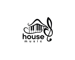 home music logo, notes and piano forming a house logo design inspiration