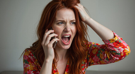Young woman yelling into phone with frustration at home  
