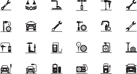 Automotive Repair and Maintenance Icons Set, set of black and white icons depicts various tools, equipment, and vehicles related to automotive repair and maintenance vector art on white