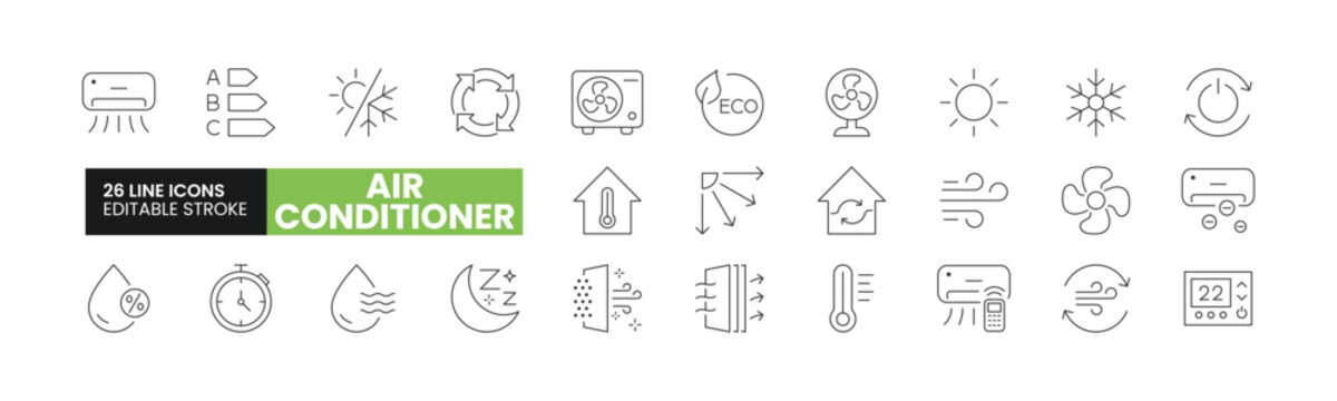 Set of 26 Air Conditioning line icons set. AC outline icons with editable stroke collection. Includes Energy Efficiency, Air Conditioner, Sleep Mode, Climate Control, Thermostat, and More.