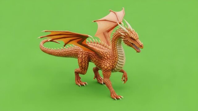 orange dragon animal walking forward with green screen background