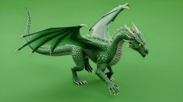 green dragon animal walking forward with green screen background