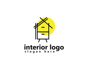interior, furniture logo, striped wardrobe with roof on top logo design template