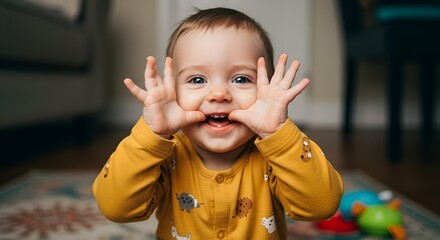 Baby playing peekaboo game while smiling on the floor indoors  