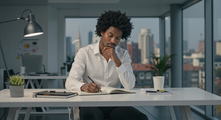 Young man thinking while writing in notebook at modern office desk  