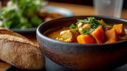Vietnamese chicken curry ca ri ga sweet potato and carrots baguette on side clay bowl top down dinner view