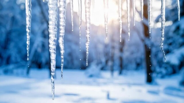 Shimmering icicles hang with winter sun shining through snowy woodland in the crisp air, creating a serene, frozen landscape.