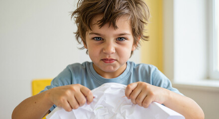 Young boy frowning while tearing crumpled paper indoors  
