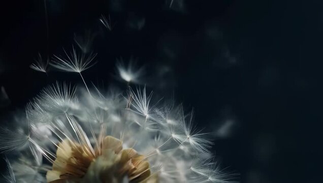 Close-up shot of a dandelion clock, with seeds gently drifting into the air. The photo showcases the delicate structure and ethereal beauty of the plant against a dark background