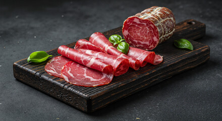Slices of bresaola and salami on wooden cutting board with basil  