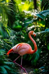Fototapeta premium Vibrant Pink Flamingo in a Lush Tropical Jungle Setting, with Dense Green Foliage, Showcasing its Striking Plumage and Graceful Presence in an Exotic and Untamed Rainforest Environment.