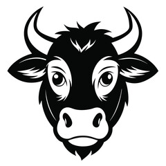 Frontfacing black and white cow head features cute eyes and stylized horns