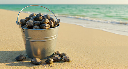 Bucket filled with clams on sandy beach by the ocean  