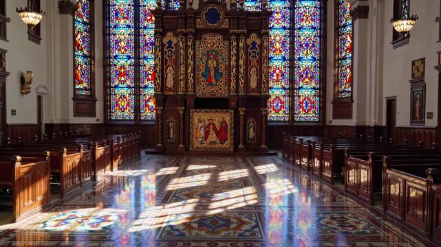 Wide-angle shot of a cathedral interior with colorful stained glass and ornate altar, creating a serene and majestic video setting.