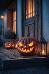 Obraz premium Menacing carved pumpkin on porch with flickering candles, photorealistic, golden hour