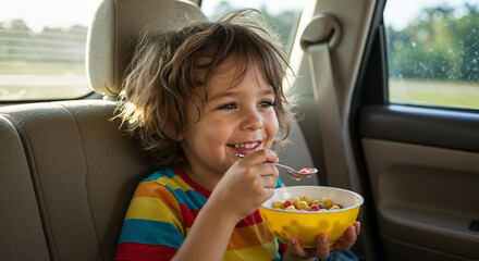 Young boy eating breakfast in car while smiling happily