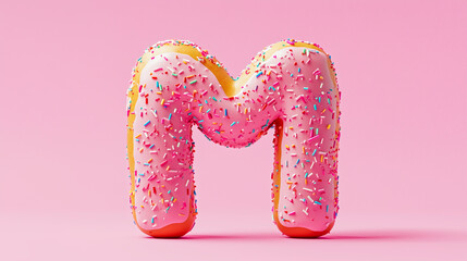 Letter "M" shaped like a donut, covered in pink frosting and colorful sprinkles on a pink background.