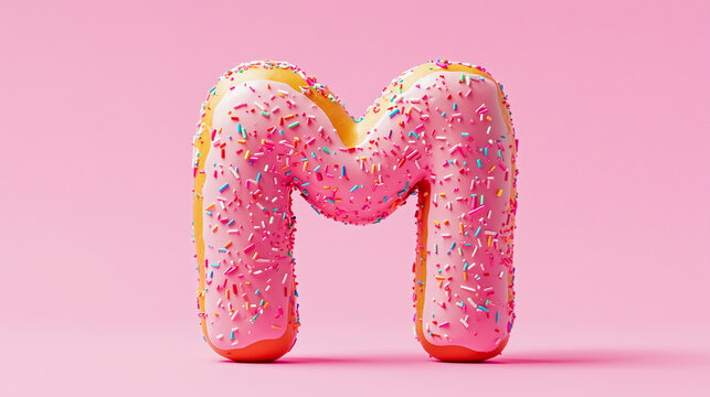 Letter "M" shaped like a donut, covered in pink frosting and colorful sprinkles on a pink background.