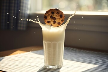 Chocolate chip cookie dunking milk splash sunlight