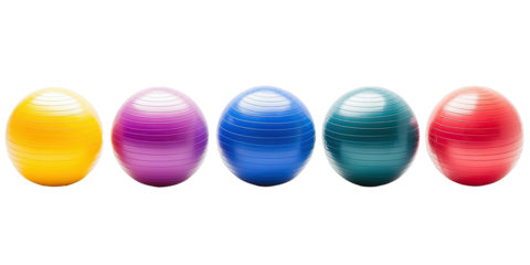 Colorful fitness balls set for exercise and gym training isolated on white transparent background