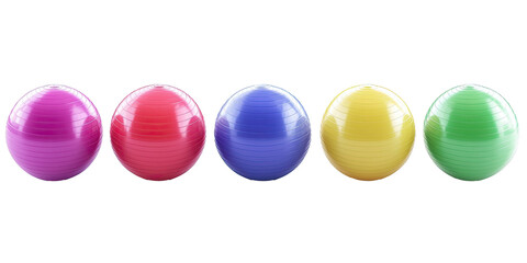 Fototapeta premium Five bright inflatable gym balls in a row for workout or physiotherapy isolated on white transparent background