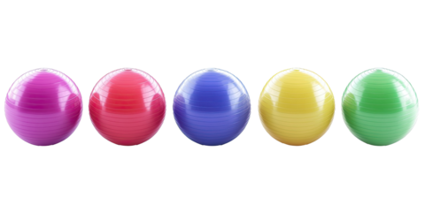 Five bright inflatable gym balls in a row for workout or physiotherapy isolated on white transparent background