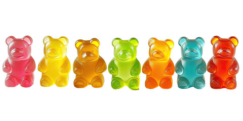 Seven colorful gummy bears in row rainbow jelly candy sweets  isolated on white transparent background